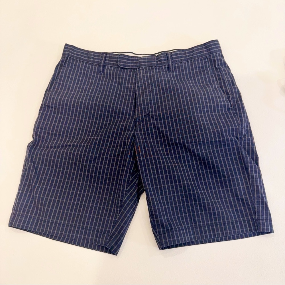 Theory Mens Flat Front Regular Fit Stretch Chino Shorts sz 32 Navy & White Check